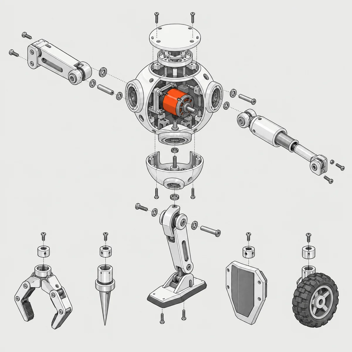 Despiece técnico de un mini cuerpo: núcleo con motor, tres extremidades y accesorios